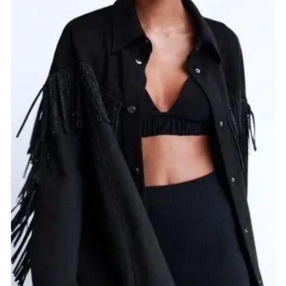 Zara Oversized Black Faux Suede Fringe Boho Western Rodeo Biker Jacket Size XL - Picture 1 of 15